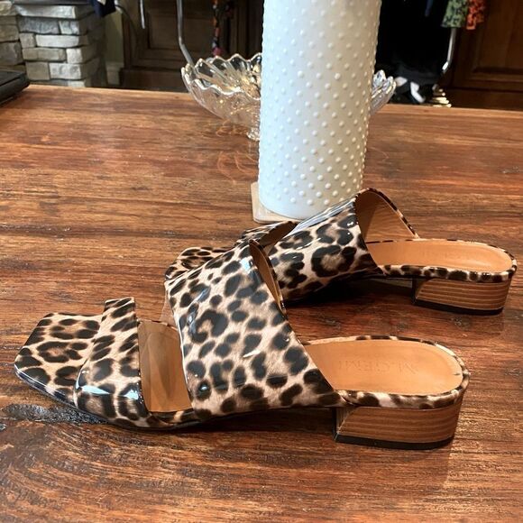 M Gemi Patent Leather Camel Leopard Print Slip-On Sandals Sz 8 (38.5) Italy EUC! - Picture 6 of 7